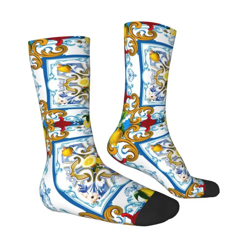 Custom Mediterranean Lemons Citrus Sicilian Tiles Dress Socks Mens Womens Warm Funny Novelty Crew Socks