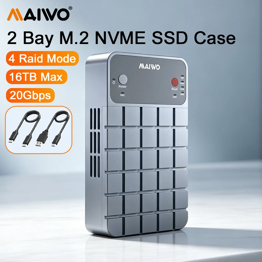 MAIWO Dual Bay M.2 NVME SSD Enclosure Adapter 20Gbps USB3.2 GEN2x2 Aluminum External Enclosure with RAID Supports M and B&M Keys