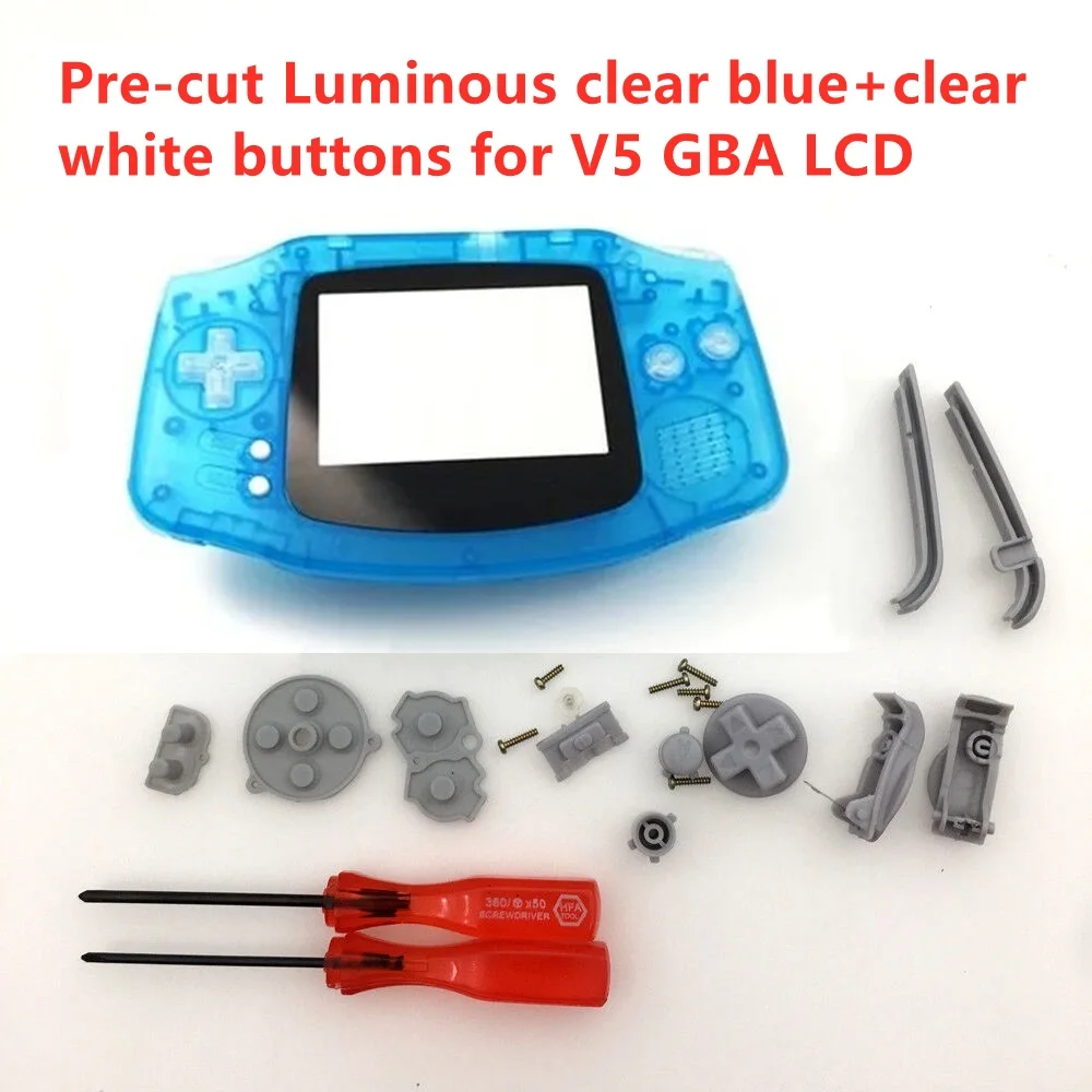 Pre-Cut New Luminous Clear Blue Housing Shell With Clear White Buttons For V5 Drop in Laminated 3.0 Inches GBA LCD Screen