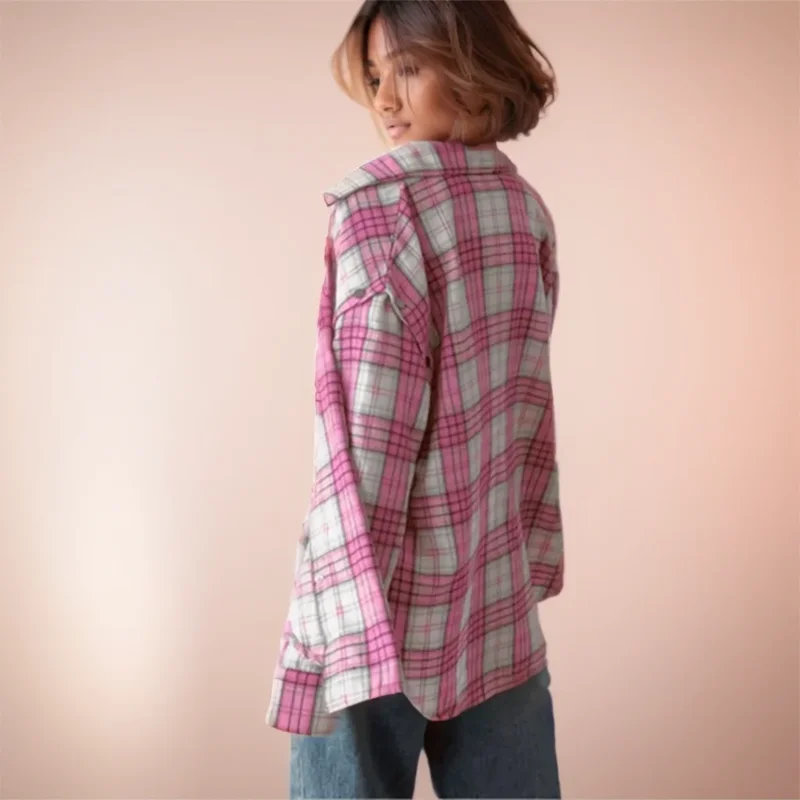 قميص نسائي كبير الحجم ذو مربعات وردية، طراز جديد متعدد الاستخدامات مع ياقة بأكمام طويلة قابلة للفصل وطبقة خارجية #3