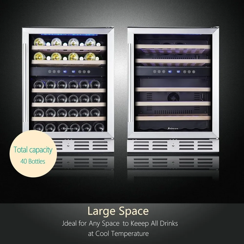 24 inch Wine Cooler, 46 Bottle - Dual Zone Built-in or Freestanding Fridge with Stainless Steel Reversible Glass Door