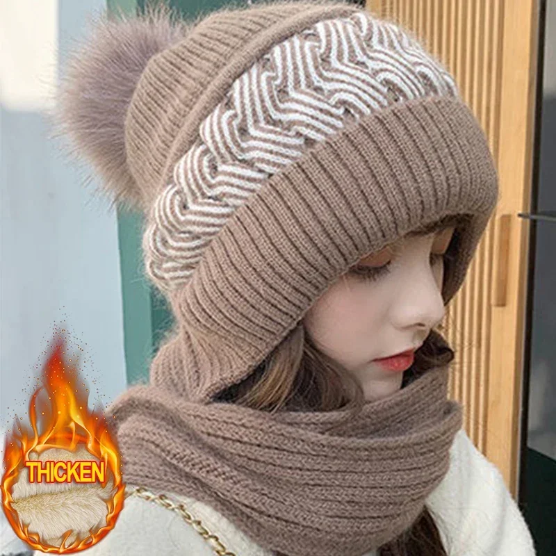 Winter Thick Warm Fleece Lined Beanies Scarf Cap Set Women Girl Pompom Knitted Wool Hood Skullcap Female Outdoor Ski Bonnet Hat