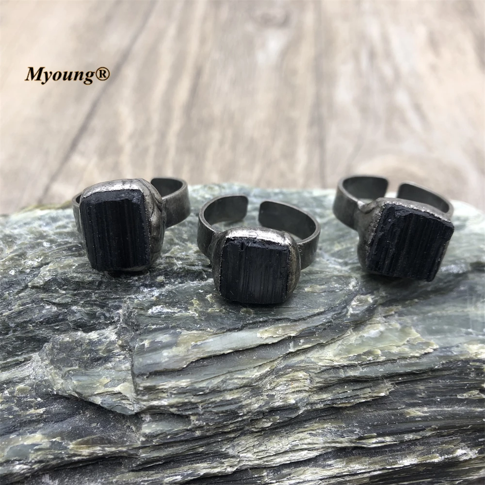 10PCS Gothic Square Shape Natural Black Tourmaline Jet Stone Vintage Adjustable Rings MY220708