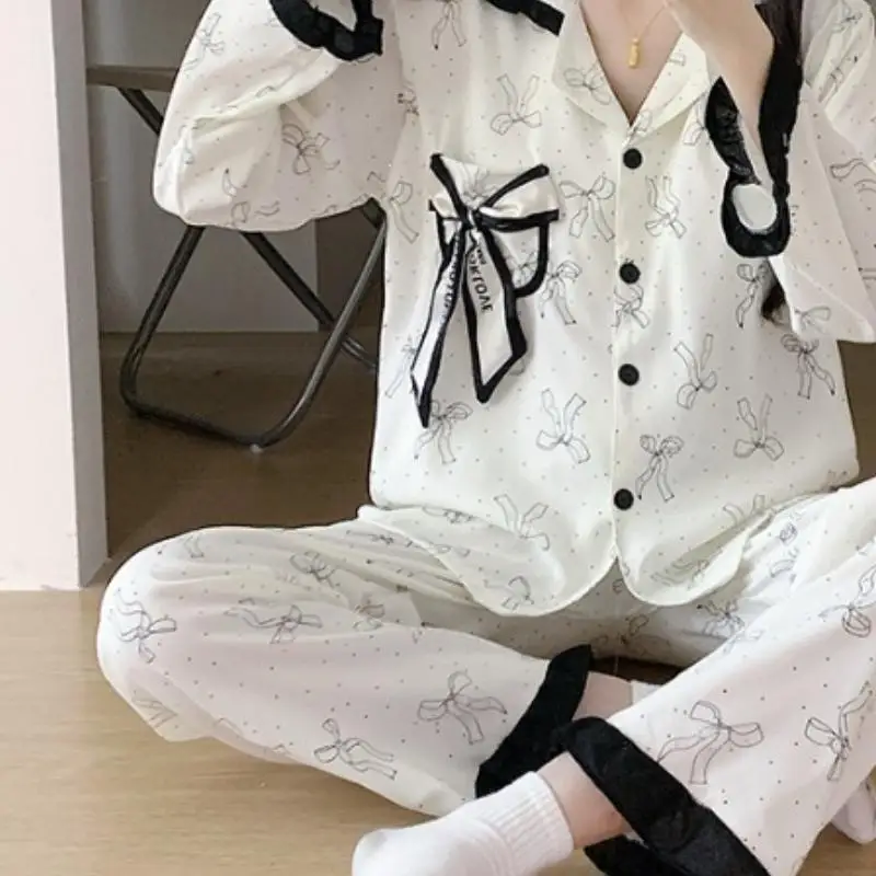 Women's Long Sleeved Long Pant Pajama Set for Girls In Spring Autumn New Sweet Cardigan Home Clothe for Women Soft Two-Piece Set 6