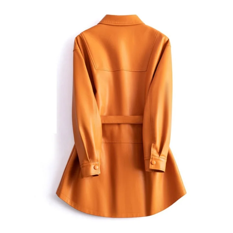 2025 Vintage Black Women's Leather Trench Coat Spring Autumn Single-breasted Sashes Windbreaker Lady Loose PU Leather Outerwear