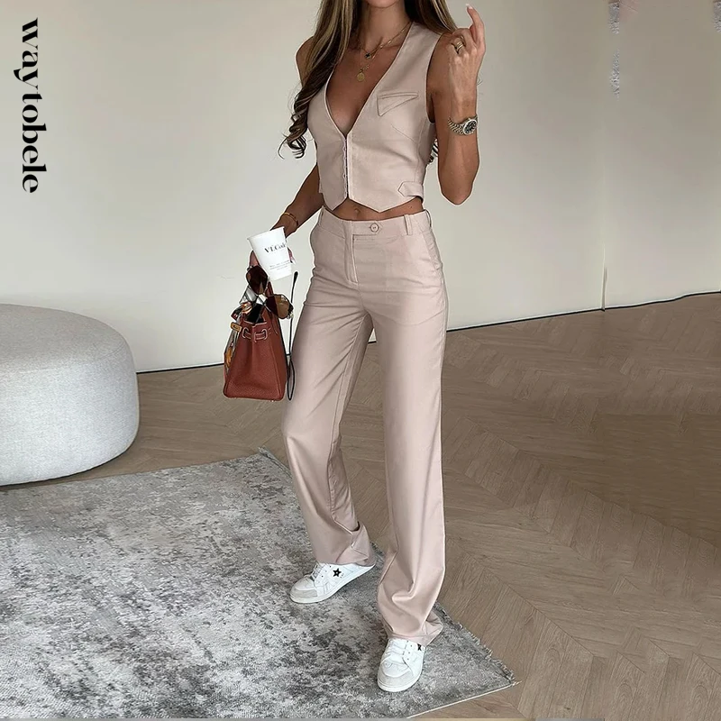 

Waytobele Women Two Piece Set Summer Casual Solid V Neck Sleeveless High Waist Vest Top Irregular Loose Wide Legs Pants Sets