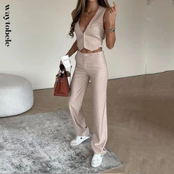 Waytobele Frauen zweiteiliges Set Sommer lässig solide V-Ausschnitt ärmellose Weste mit hoher Taille Top unregelmäßig lose breite Beine Hosen-Sets