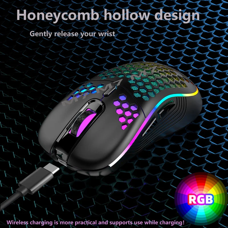 Mouse recarregável sem fio para jogos, RGB Backlight, Respirando Gamer Mice para PC, Laptop, Leve, 1600DPI
