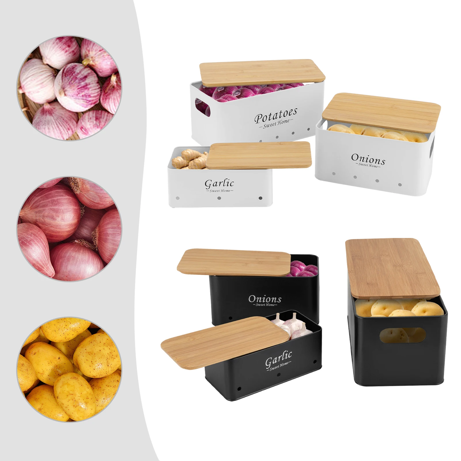 3-teiliges modernes rechteckiges Aufbewahrungsbox-Set mit Hohlgriffen in Schwarz/Weiß für Zwiebeln, Kartoffeln, Knoblauch, Organizer-Behälter – Detail 3