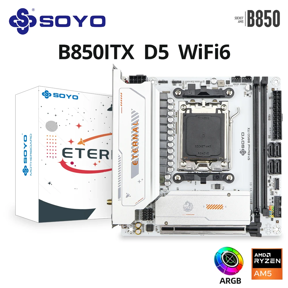 SOYO AMD Eternal B850ITX WiFi6 AMD Gaming Motherboard Dual-channel GDDR5 PCIE5.0 Type-C Support ARGB AM5 Socket 9700X/9900X CPU