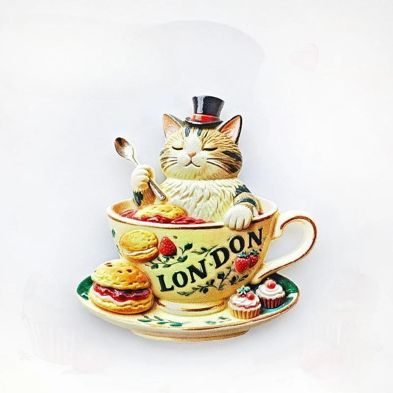 

London Kitten Fridge Magnet - Adorable 3D Coffee & Dessert Souvenir Unique British Cafe Gift for Travel & Kitchen Decor