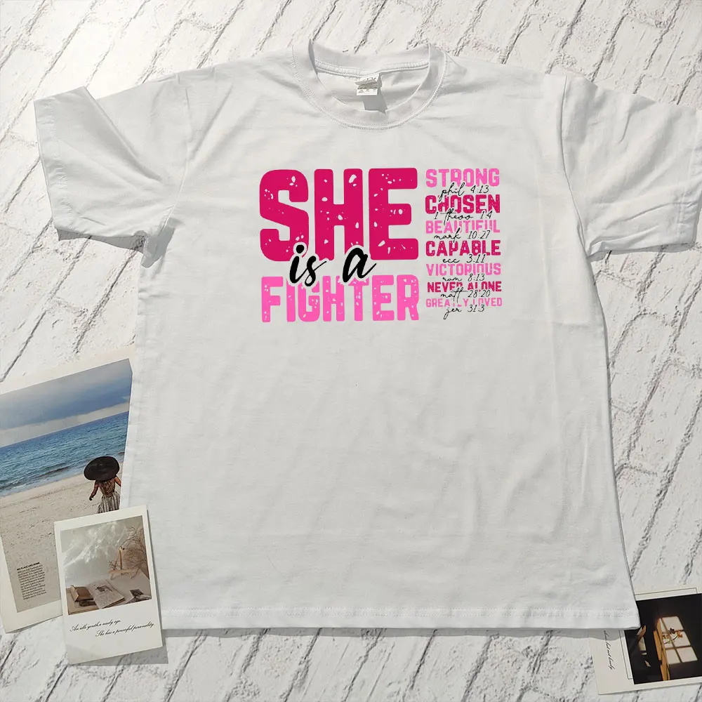 

She Is A Fighter Sweatshirt Breast Cancer Bible Verse Shirt in October We Wear Pink Retro Pink Ribbon Cancer Women Cotton Tee