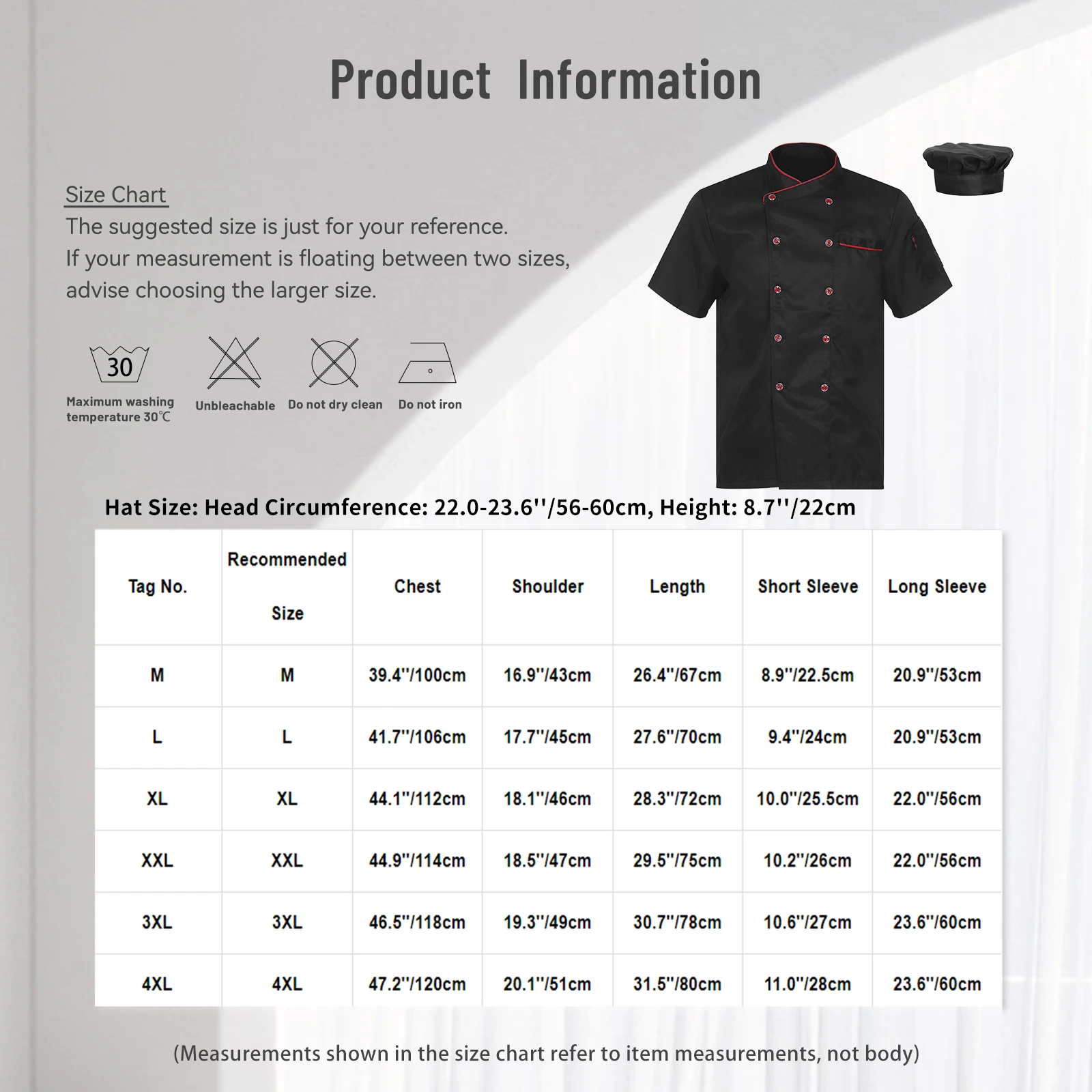 Men's Chef Shirt Work Uniform Cooking Jacket Restaurant Kitchen Work Shirt with Hat Canteen Food Service Hotel Bakeshop Tops