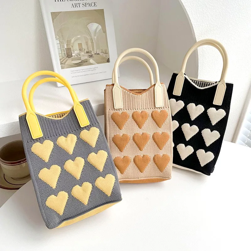 Fashion Love Knitted Handbag Crossbody Bags Korean Female Woven Tote Messenger Bag Women Universal Mobile Phone Bag Shoulder Bag