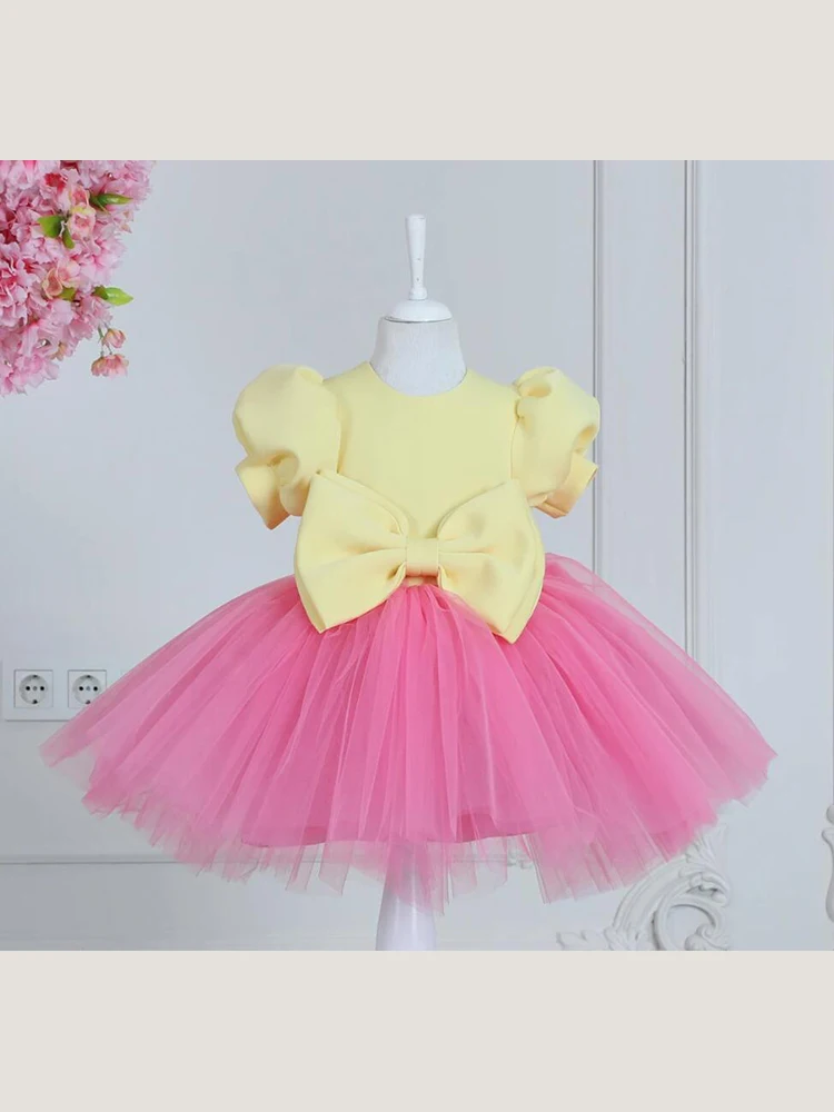 Princess Flower Girl Dress Yellow Pink Short Sleeve Puffy With Bow Baby Kids Birthday Prom Ball Gown First Communion Dress