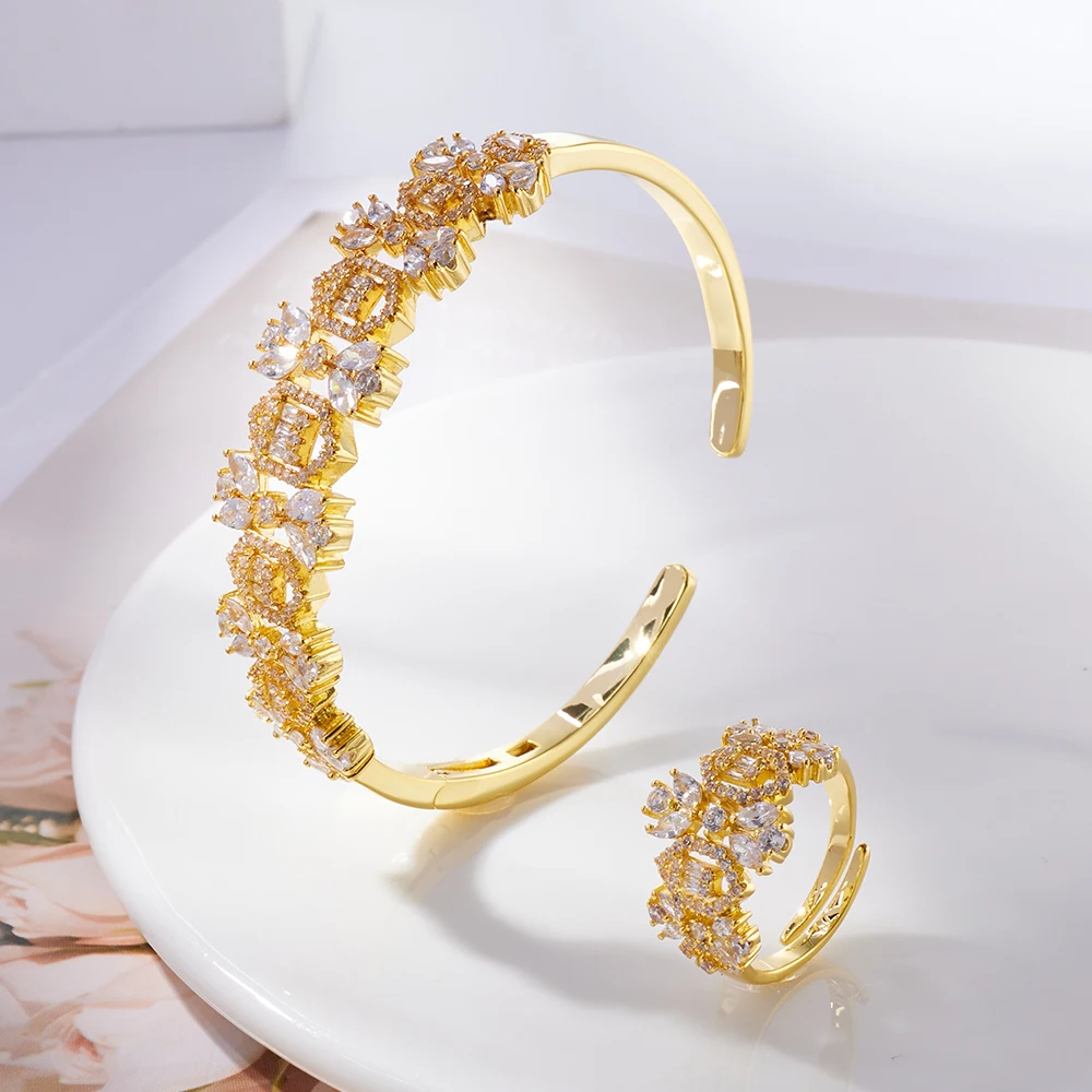 TIRIM Bangle Set for Women Cubic Zircon Flower Bracelet Ring Fashion Dubai Charm Bridal Jewelry Accessories Wedding Engagement