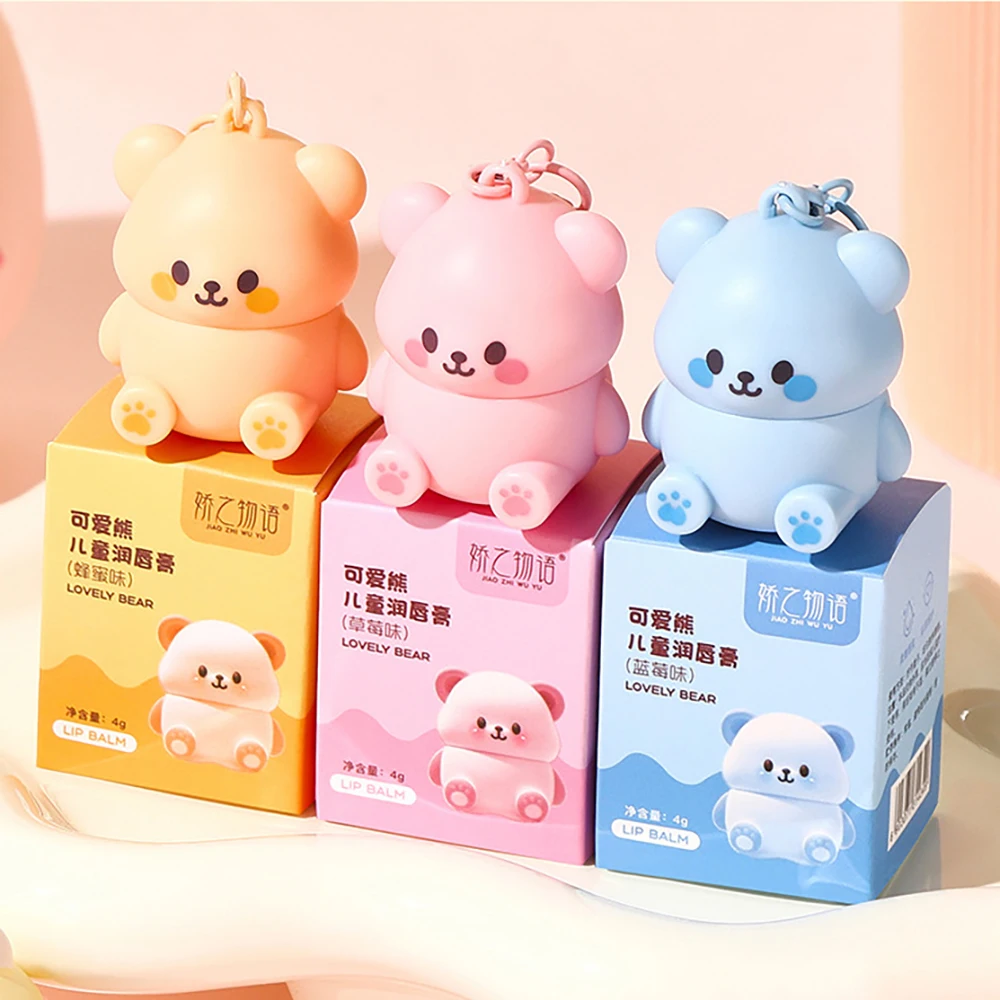 3Pcs Colorless Cartoon Strawberry Bear Cute Lip Balm Honey Moisturizing Nourishing Lipstick Blueberry Children for Men and Women