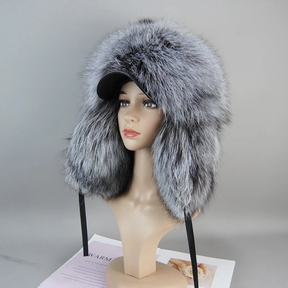 2024 Winter Women's Hat Real Fox Fur Hats Headgear Russian Girls Raccoon Fur Beanies Cap New Fashion Earflap Real Fox Fur Caps