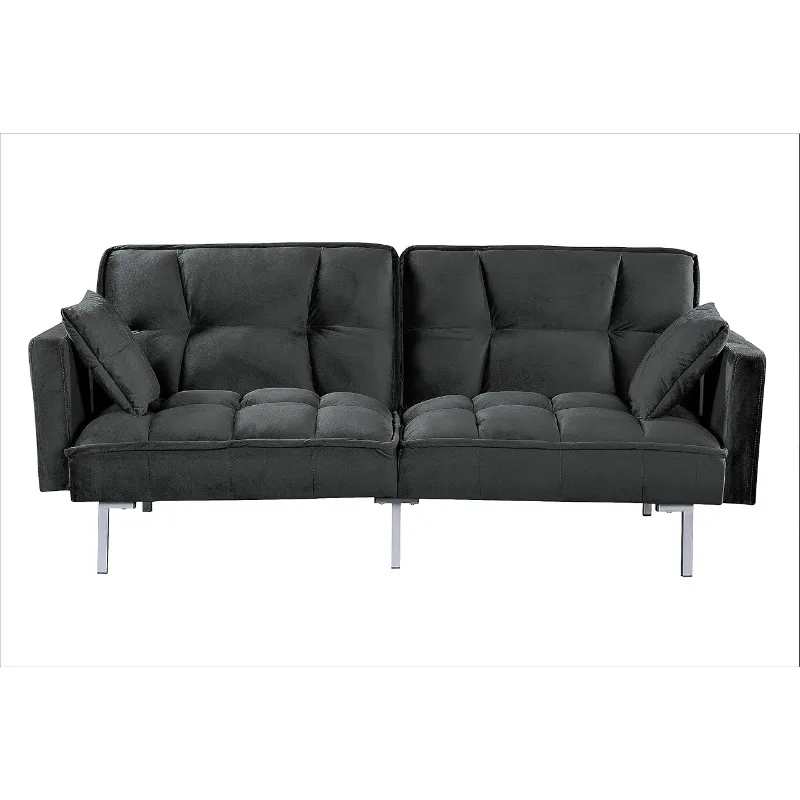 Velvet Pull Out Couch with Mid-Century Style, Tufted Design and Metal Legs, Ideal for For Guests and Sleepovers, Black