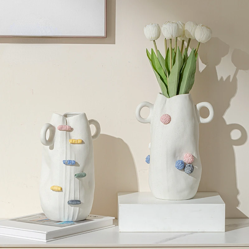 Ceramic Vase White Retro Double Ear Hand Pinch Pattern Flower Vase Flower Arrangement Accessories Home Decoration Terrarium