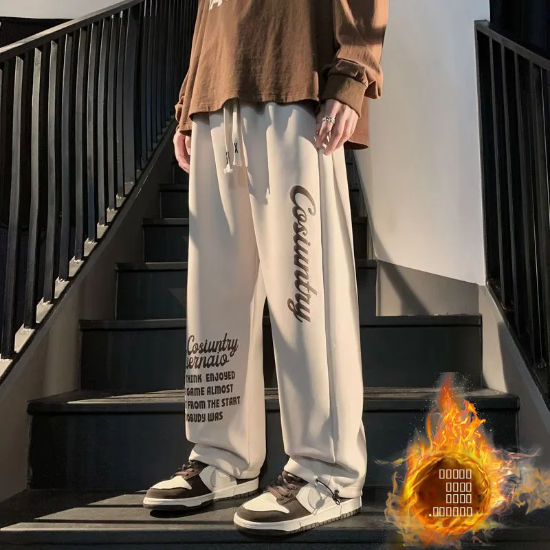 

Men's Fce Lined Straight Leg Spor Trousers Autumn Winter American Sle Loose Fit Casual Pants Trendy Streetwear