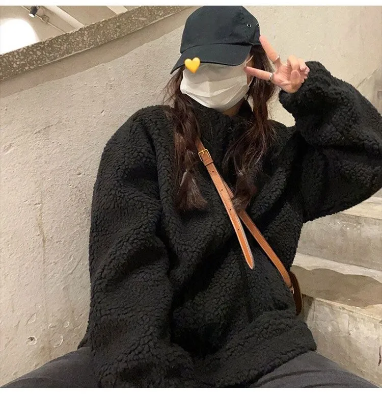 เสื้อสเวตเชิ้ตผ้าฟลีซแบบไม่มีฮู้ดสำหรับผู้หญิง แบบซิป Y2K สำหรับฤดูใบไม้ร่วง ระบายอากาศได้ดี ทรงโอเวอร์ไซส์ สไตล์นักเรียน สำหรับกิจกรรมกลางแจ้ง ถักนิตติ้ง