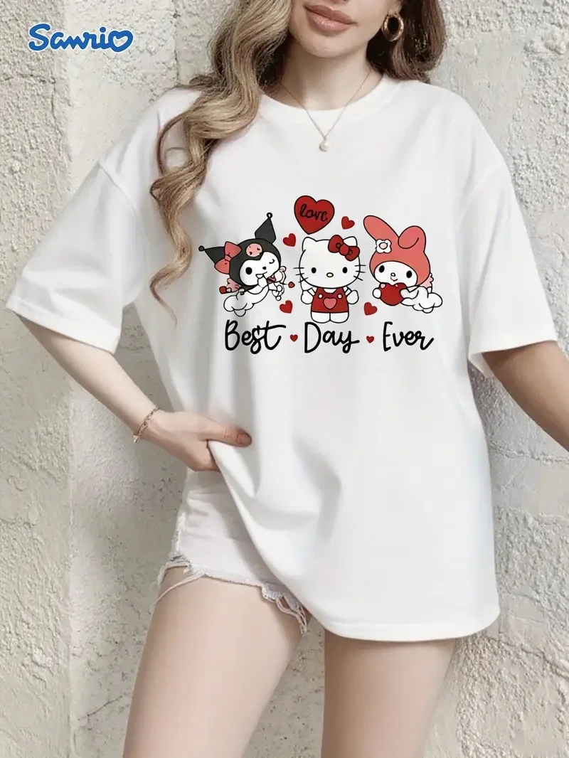 

Sanrio Best Day Ever Cotton Tee Featuring Hello Kitty My Melody Kuromi Adorable Characters and Heart Elements Print Soft