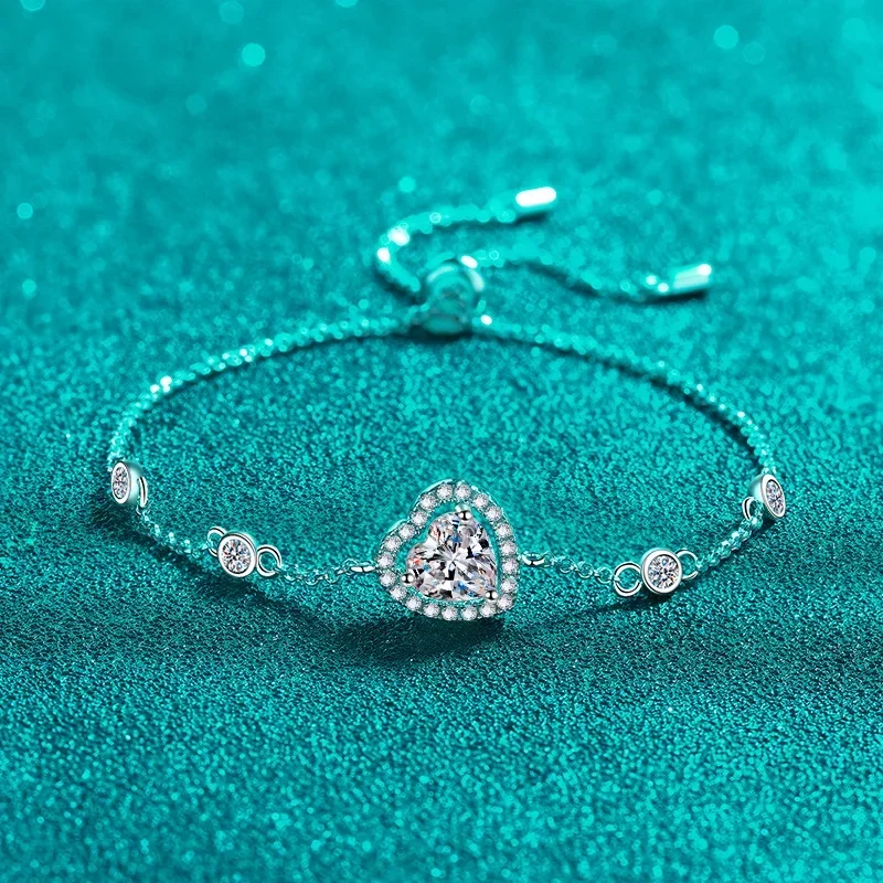 Luxury Platinum PT950 Bracelet for Women Treasure 1ct Blue Moissanite Diamond Love Bracelet Small Fresh Girlfriends Hand Jewelry