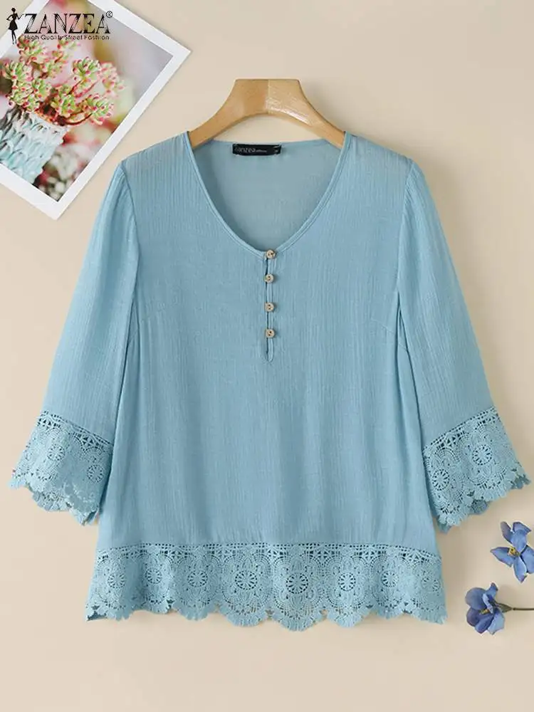 ZANZEA Casual Women Shirt Tops Solid Color Korean Fashion Elegant V Neck Blouses Autumn 2024 3/4 Sleeve Lace Patchwork Blusas