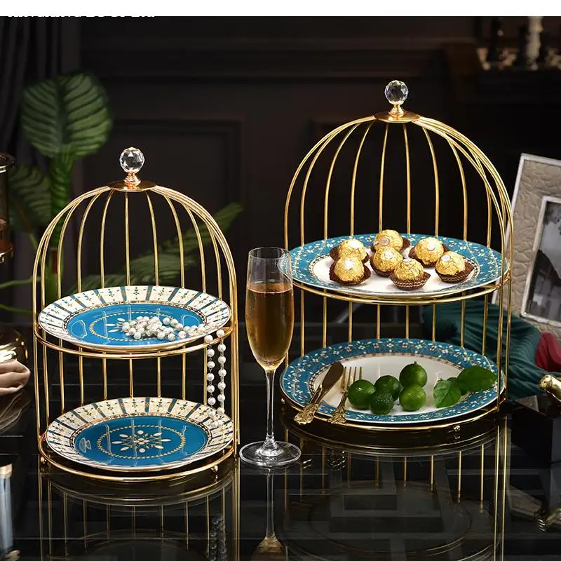 Ceramic Double-layer Tray Dessert Plate Modern Living Room Fruit Snack Dish Household Tableware Bird Cage Cake Stand