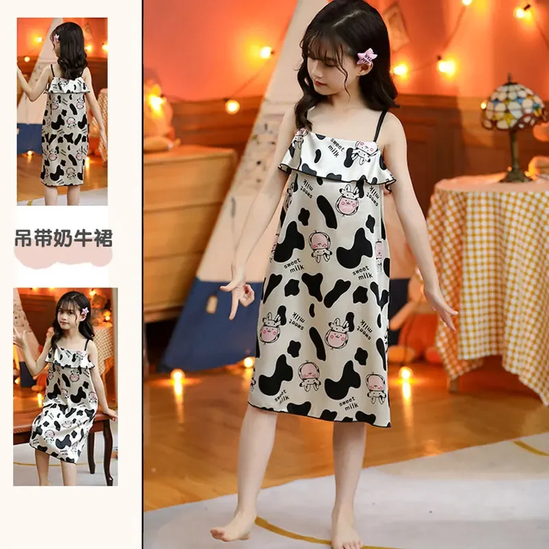 Summer Girls Night Dress 2026 Ice Silk Children's Pajamas Princess Sleepwear for Kids Baby Nightgowns Home Clothes 2-12years