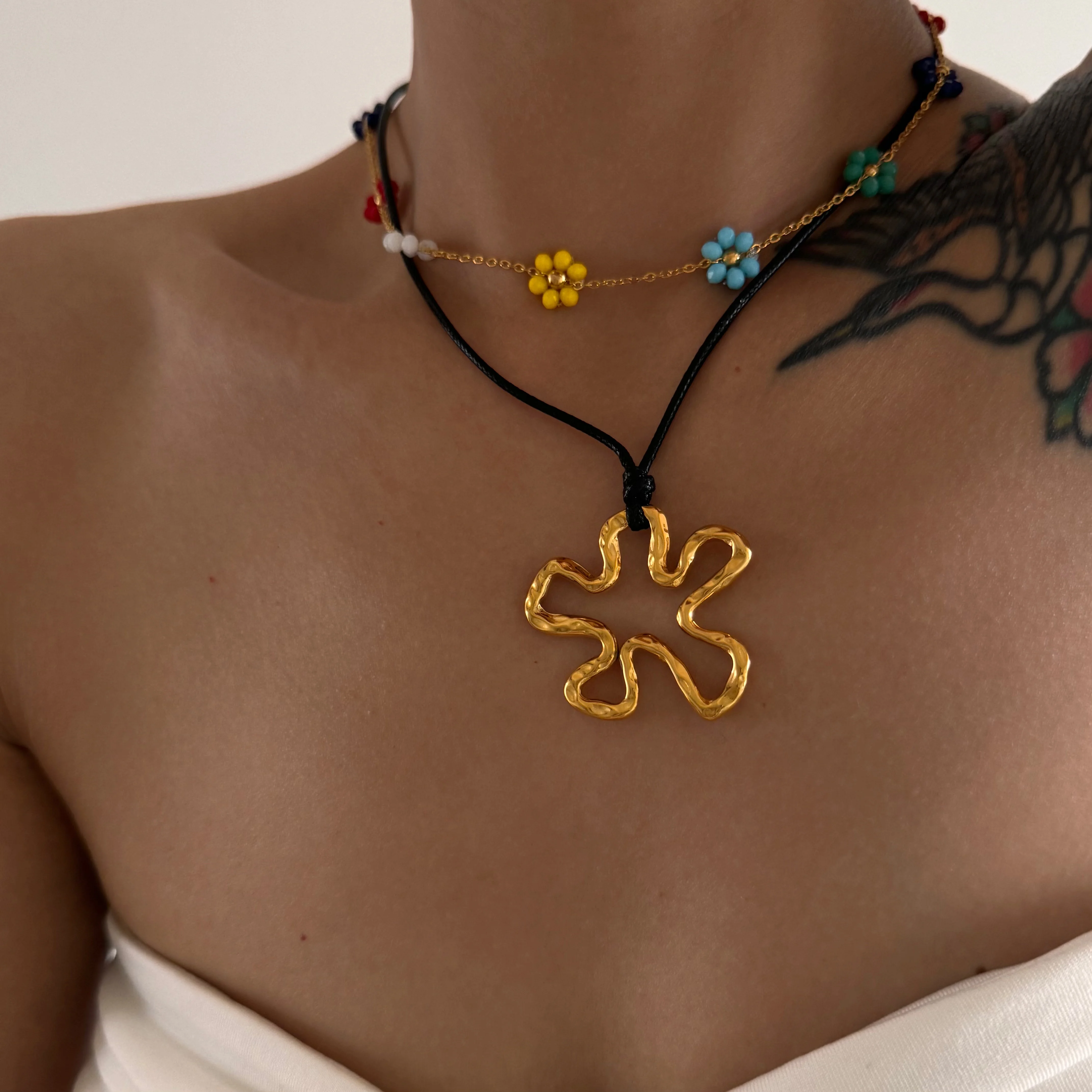 DASEIN Irregular Geometric Hollow Out Flower Pendant Necklace Black Leather Rope 18k Gold Plated Stainless Steel Dainty Jewelry