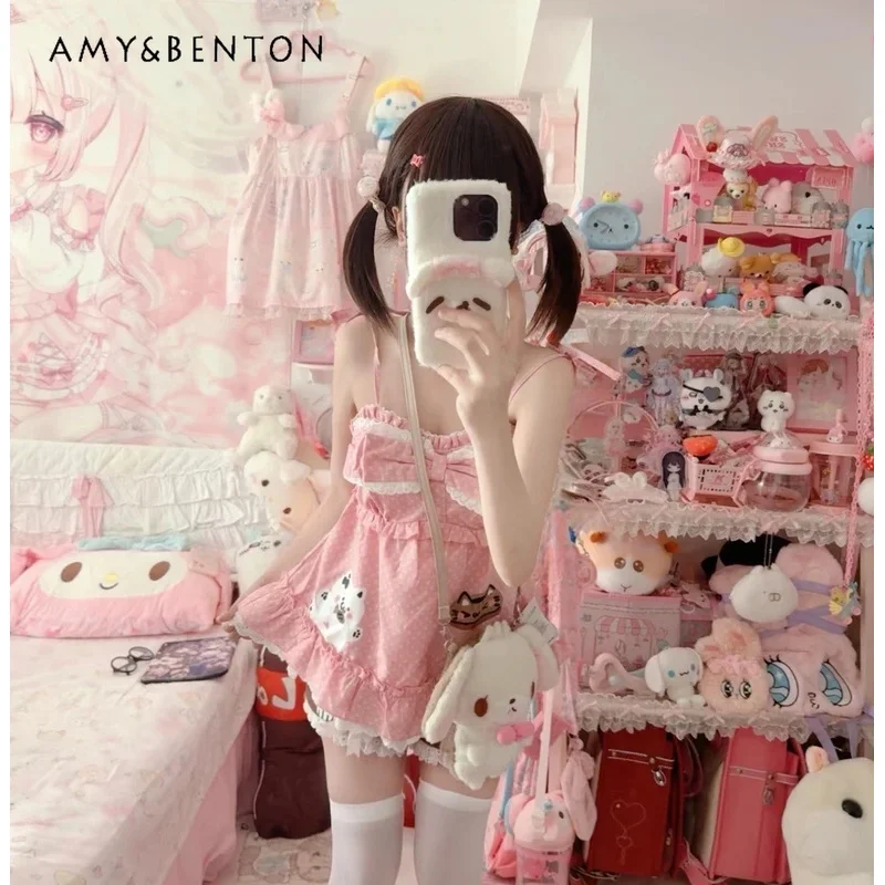 

25COSCute Cartoon Polka Dot Printing Neck Strap Sling Vest Lace Splicing High Waist Shorts Two-piece Set Summer Kawaii Casual Su