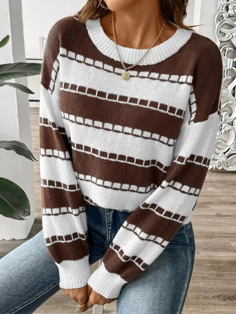 

Korean Women's Black Brown Plaid Striped Patchwork Long Sleeve Round Neck Sweater Autumn Winter Pullover Knitted Short Tops Chic