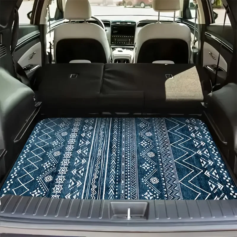 1pc Car Trunk Mat, Fit For Multiple Vehicle Models, Printed Design With Blue Striped Bohemian Pattern, Keeps Your Trunk Clean A