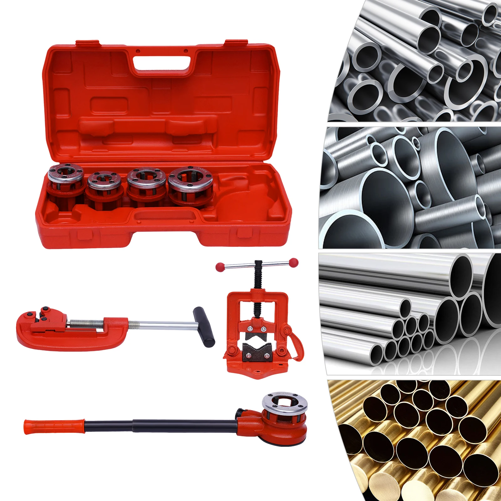 Ratchet Pipe Threader Kit Ratcheting Set W/ 5 Dies & Ratchet Handle Red Case