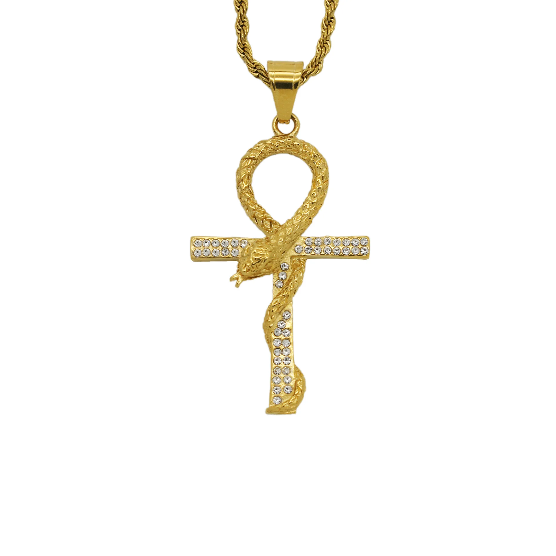 

Egyptian Snake Ankh Cross Necklaces Mens Women Hip Hop Pendant & Chain Iced Out Bling Stainless Steel Jewelry Dropshipping