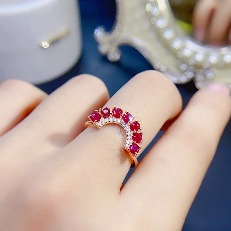Heated Natural Ruby Half Eternity Ring, 925 Silver 3x3mm Stones Delicate Stackable Band, Elegant Gemstone Jewelry Gift for Women