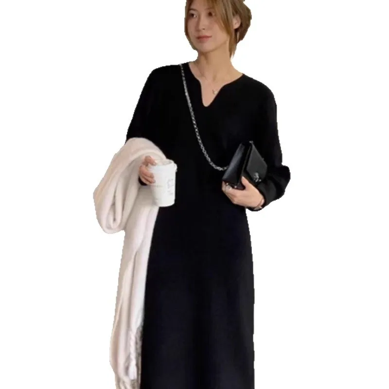 Vestido de lã de malha com camada inferior para outono e inverno feminino comprimento médio moda temperamento vestido de malha
