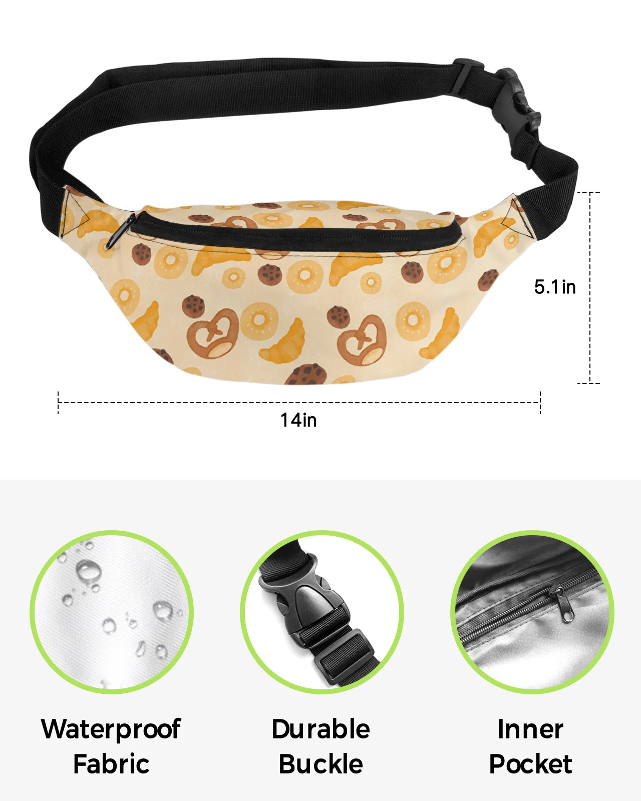 Kitchen Elements Bread Donuts Retro Waist Bags for Women Man Travel Shoulder Crossbody Chest Bags Waterproof Fanny Pack