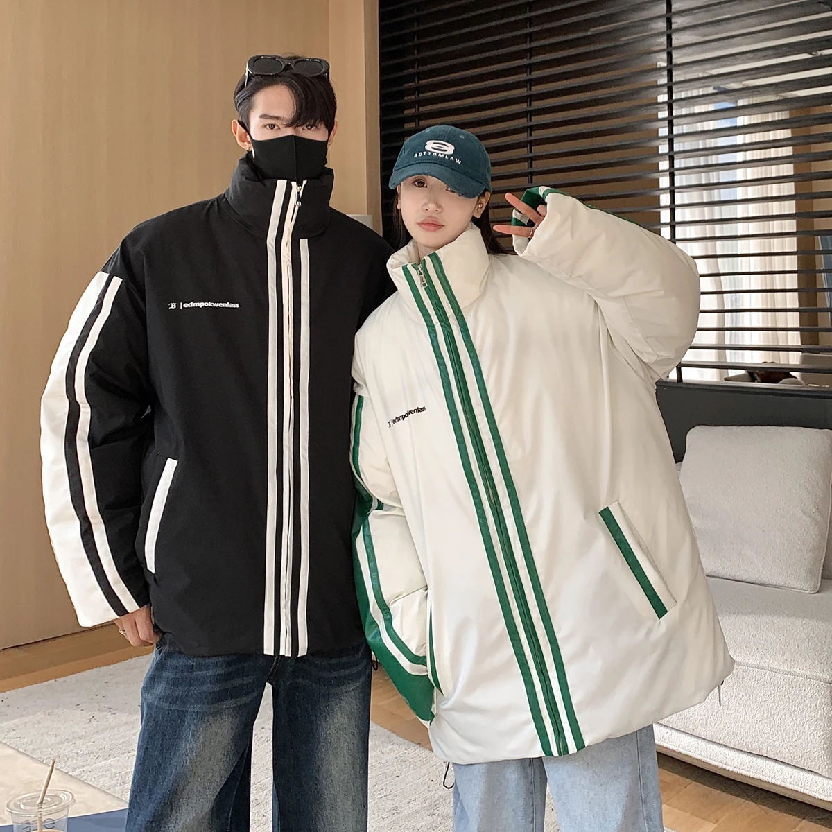 

Unisex Thickened down Cotton Jacket Winter Warm Sporty Loose Fit Zipper Closure Stripe Pattern Casual Outerwear Coat