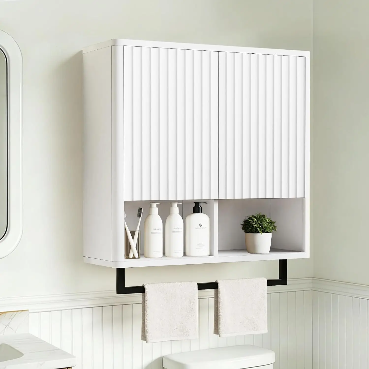 

2-Door Bathroom Wall Storage Cabinet Over Toilet with Hidden & Open Shelves Towel Bar White, Customized