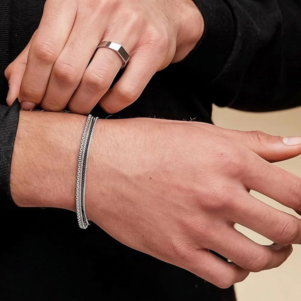 Hip-Hop Edelstahl Mehrschichtiges Kastenkette Armband Retro Schwarz-Weiß Wickelarmband für Männer Modeschmuck – Detail 3