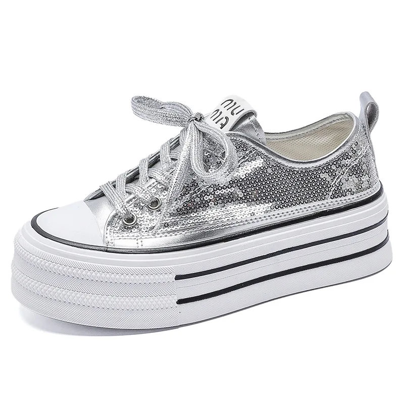2024 New Women Sequins with Thick Bottom Canvas Shoes Spring/Summer Student Vulcanized Shoes Casual Running Sneakers