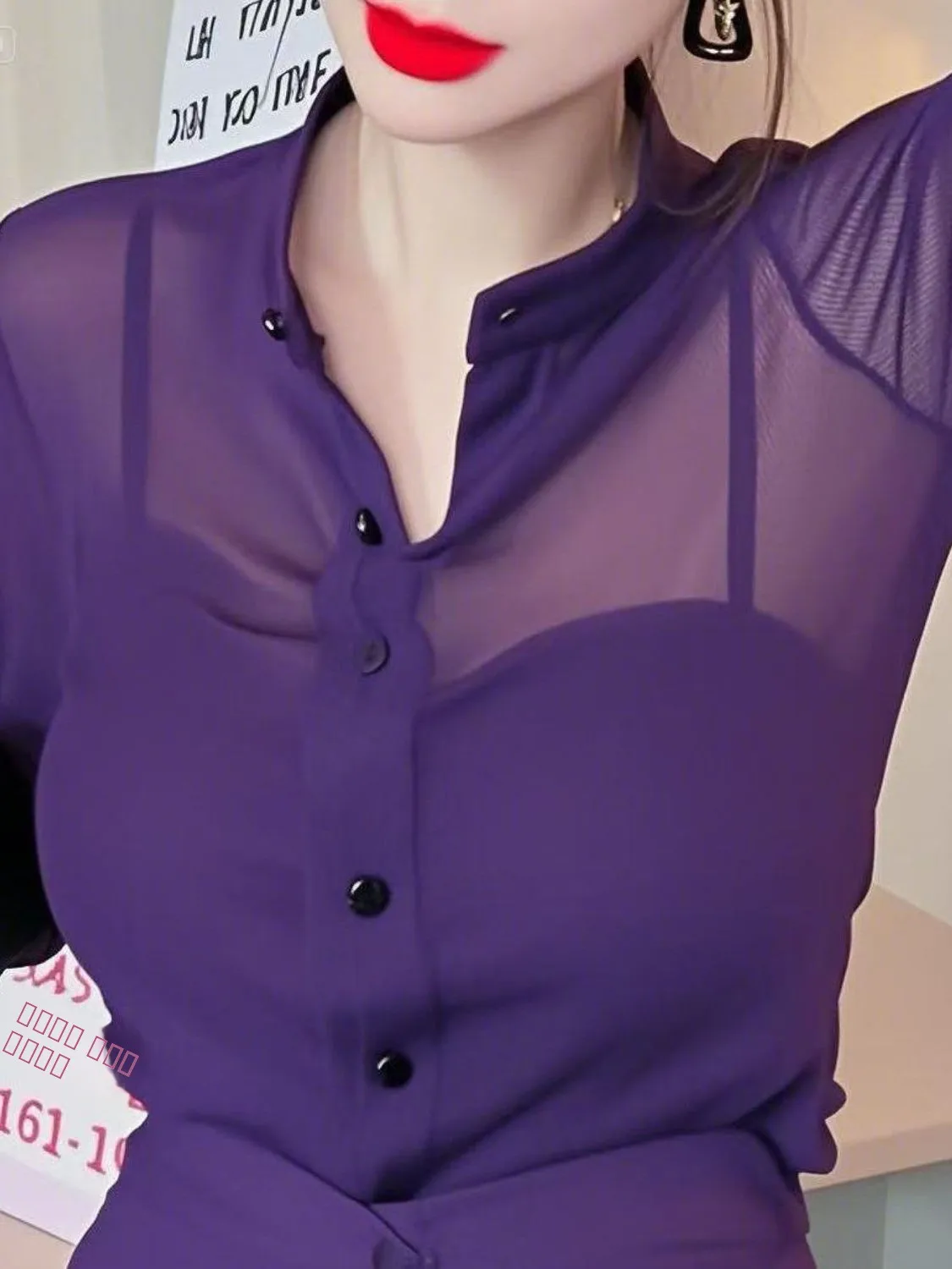 

Purple V-Ne Long Sve Women's irt Design Sensation Top Spring Autumn New Sle Korean Loose Fit Button Closure