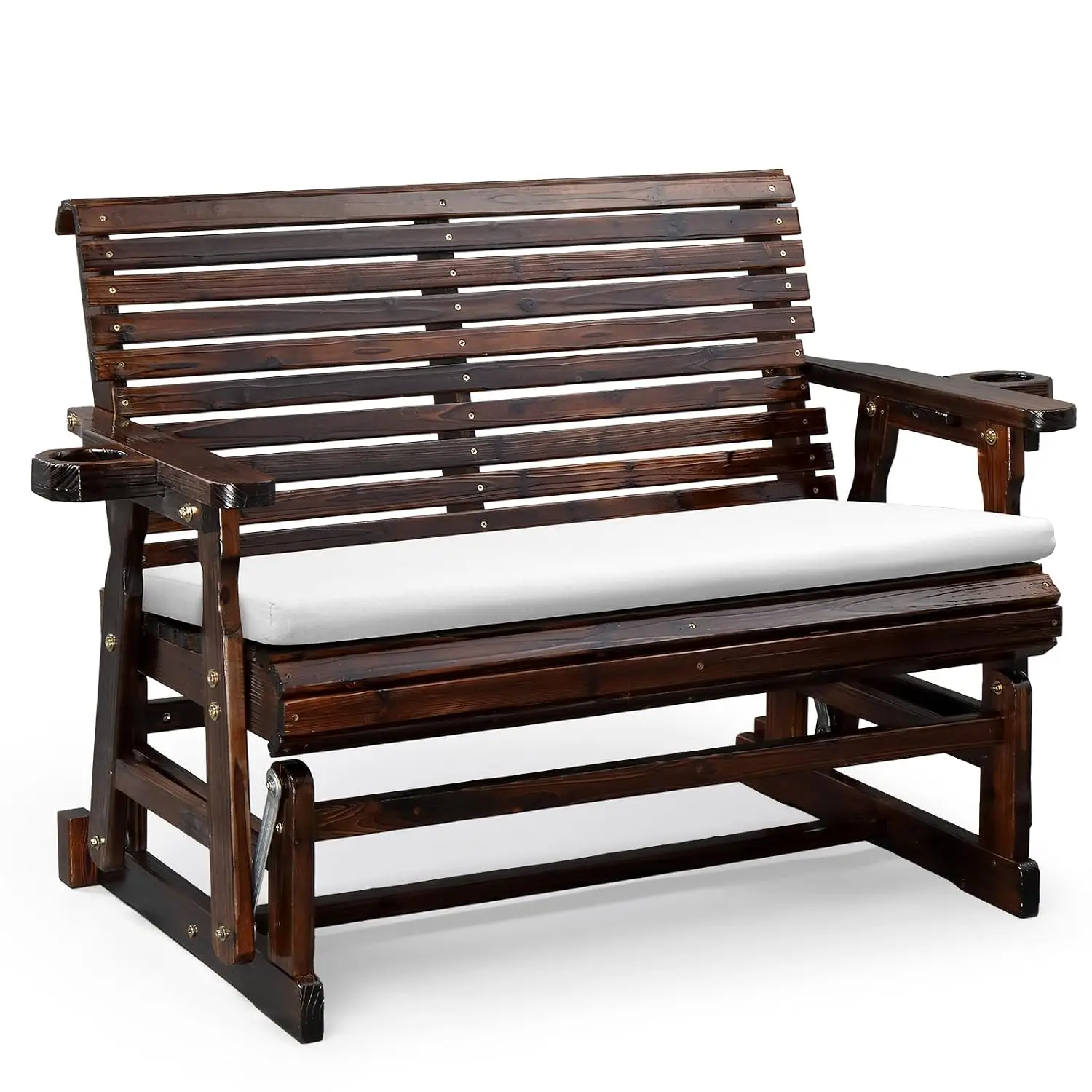 Wooden Patio Glider with Cushion, Heavy Duty 800 LBS Outdoor Glider with Cup Holders, 4 FT Wooden Glider Bench with, Customized