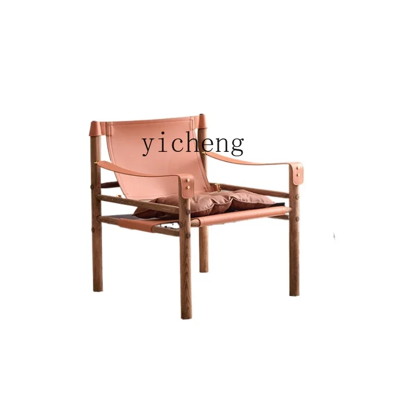 

ZK Retro Couch Hotel Homestay Balcony Leisure Chair Solid Wood Saddle Leather Chair