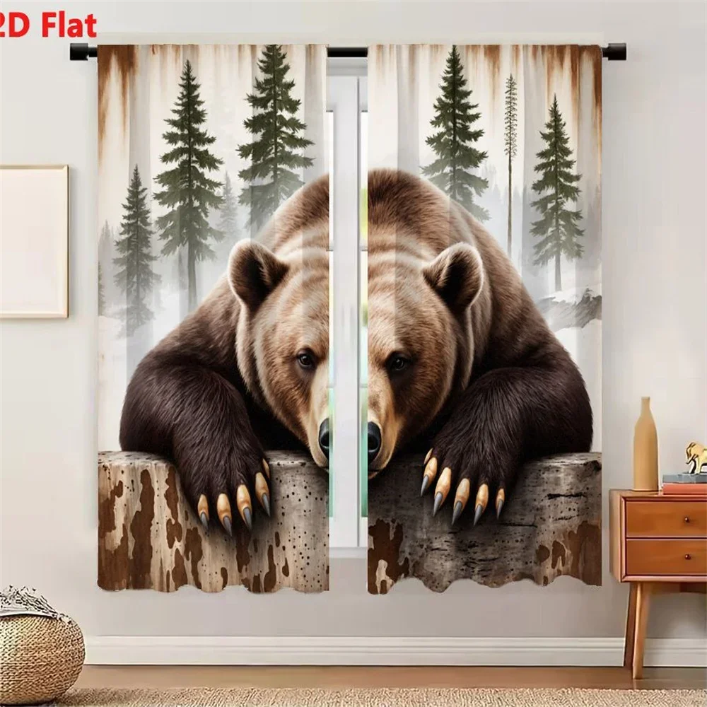 Realistic Bear Forest Scene Curtains for Living Room Bedroom Waterproof Window Drapes Home Decor