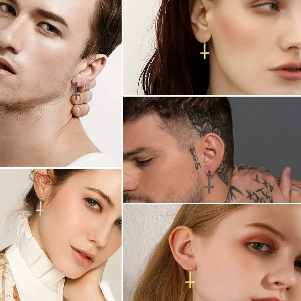 WKOUD Mens Cross Stud Earrings Religious Christian Cross Dangle Earrings Boys Hip Hop Stainless Steel Asymmetry Cross Jewelry