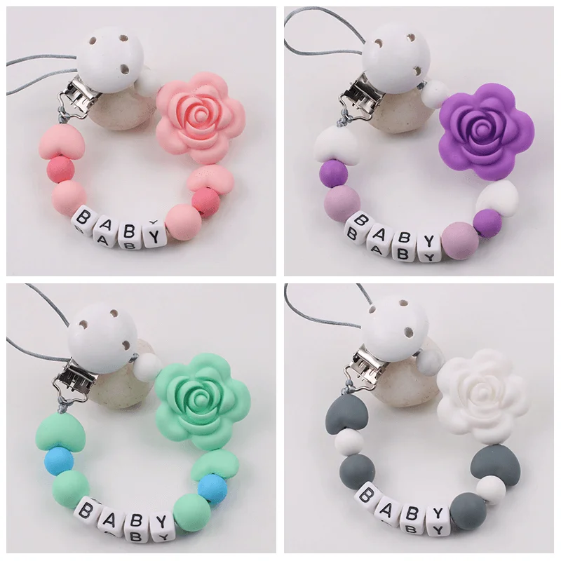 New Baby Personalized Silicone Pacifier Chain Flowers Silicone Pacifier Clip Baby Name Custom Teether Anti-Drop Chain